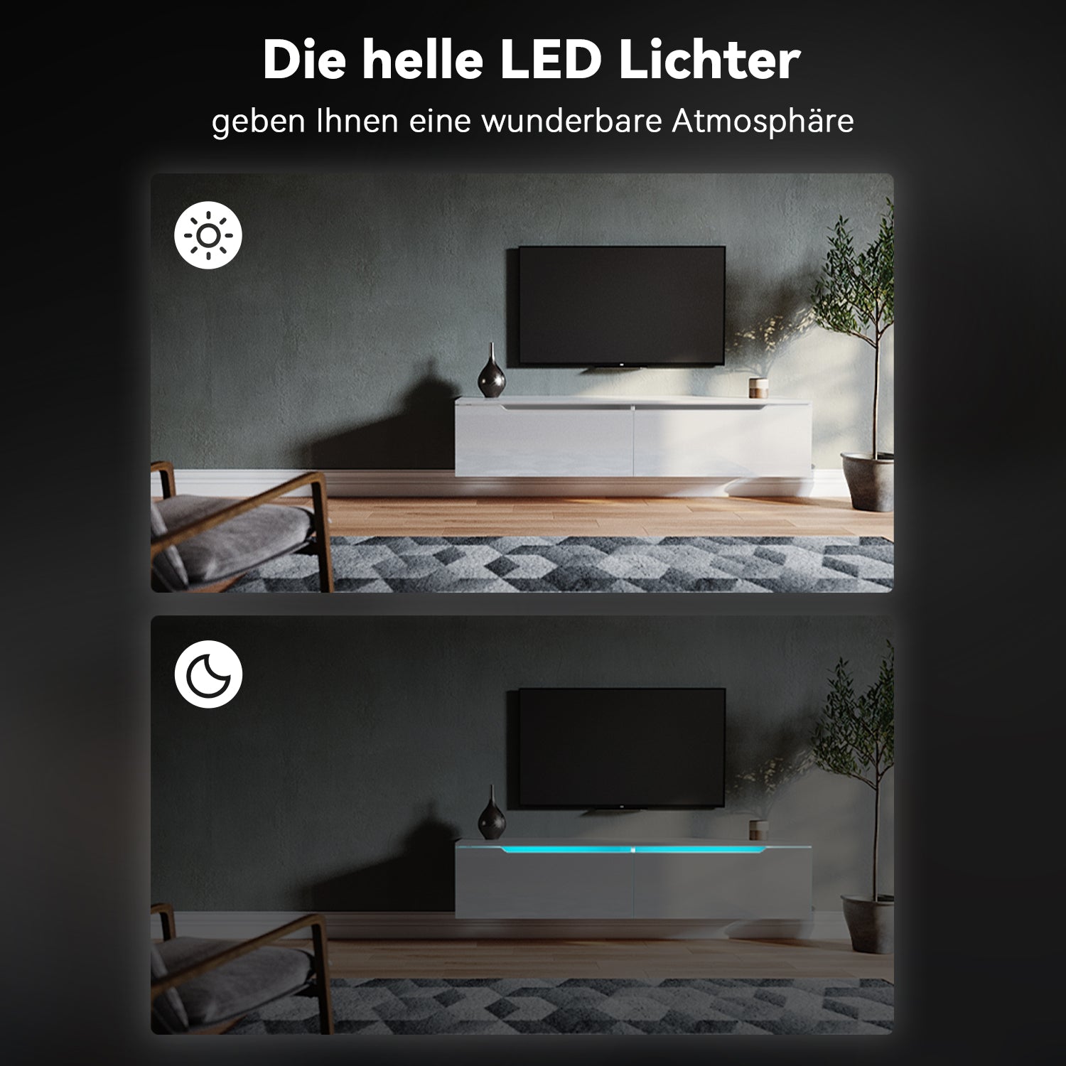 SONNI TV Board Weiss Griffloses Design TV Schrank Hochglanz mit LED Beleuchtung (12 Farben können eingestellt Werden)