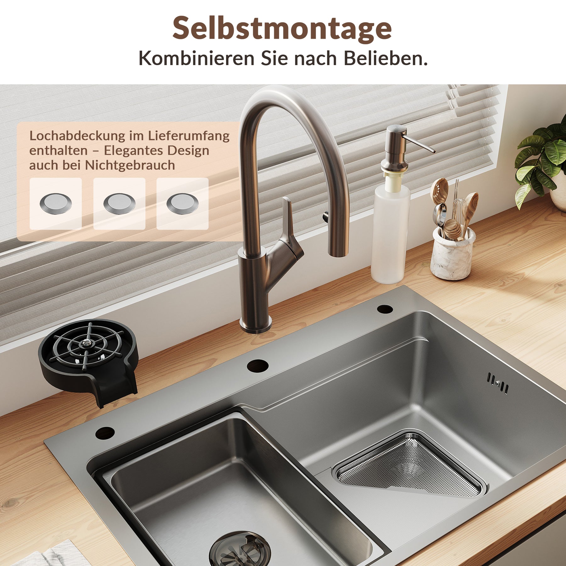 SONNI Waschbecken Küchenspüle 304 SUS Edelstahl, 70×48 cm, Einbauspüle mit 1 Becken, Unterbauspüle, mit Abtropfkorb und Dreieckigem Abfallsieb, 3-Loch Breitkante - Sonni Sanitär GmbH