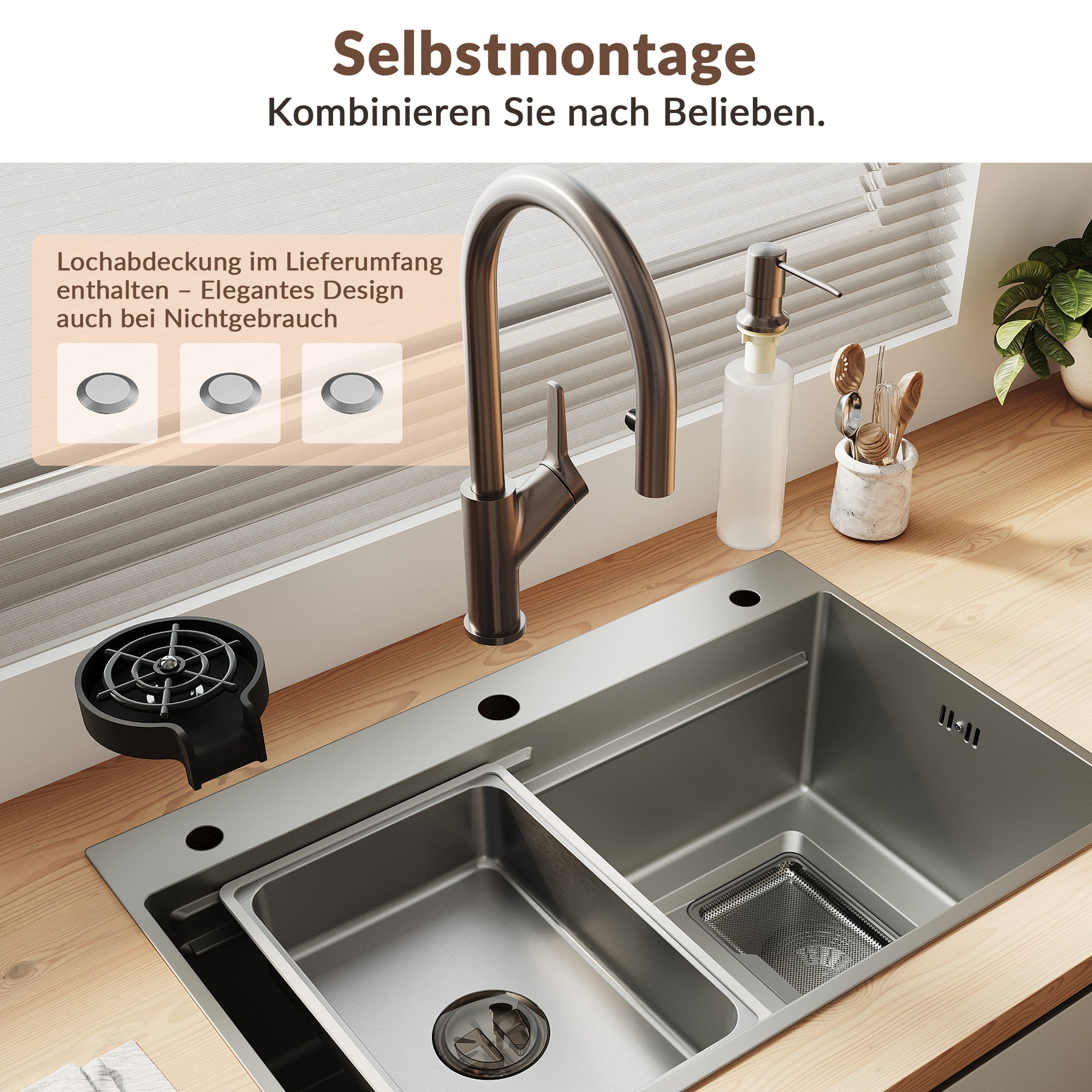 SONNI Spülbecken Küchenspüle 304 Edelstahl 70×45 cm, Einbauspüle mit 1 Becken, Unterbauspüle Silber, inkl. Abtropfkorb & Abflusssieb, 3-Loch Breitkante - Sonni Sanitär GmbH