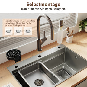 SONNI Spülbecken Küchenspüle 304 Edelstahl 70×45 cm, Einbauspüle mit 1 Becken, Unterbauspüle Silber, inkl. Abtropfkorb & Abflusssieb, 3-Loch Breitkante - Sonni Sanitär GmbH