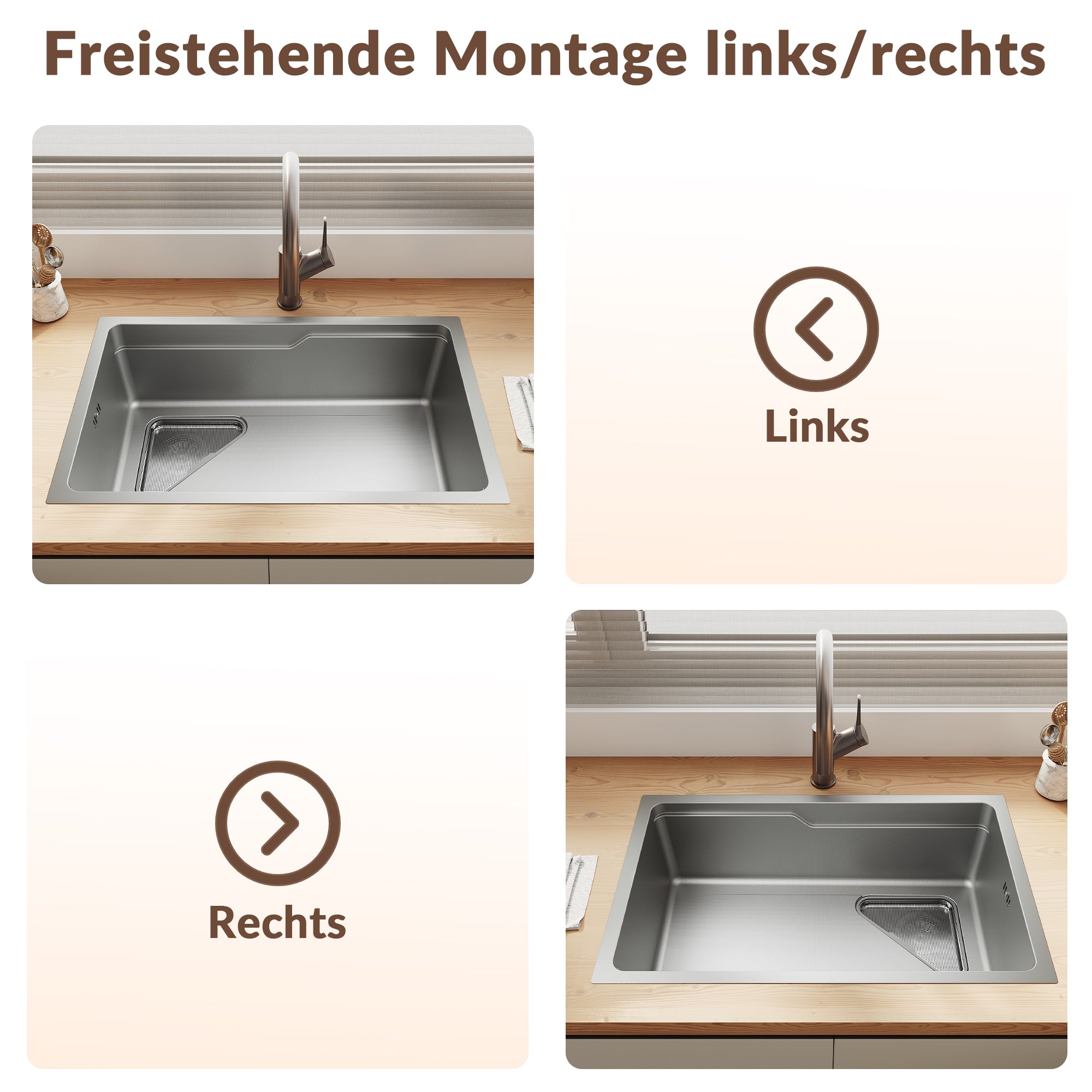 SONNI Waschbecken Küchenspüle 304 SUS Edelstahl, 70×43 cm, Einbauspüle mit 1 Becken, Unterbauspüle, mit Abtropfkorb und Dreieckigem Abfallsieb, Schmale Seite - Sonni Sanitär GmbH