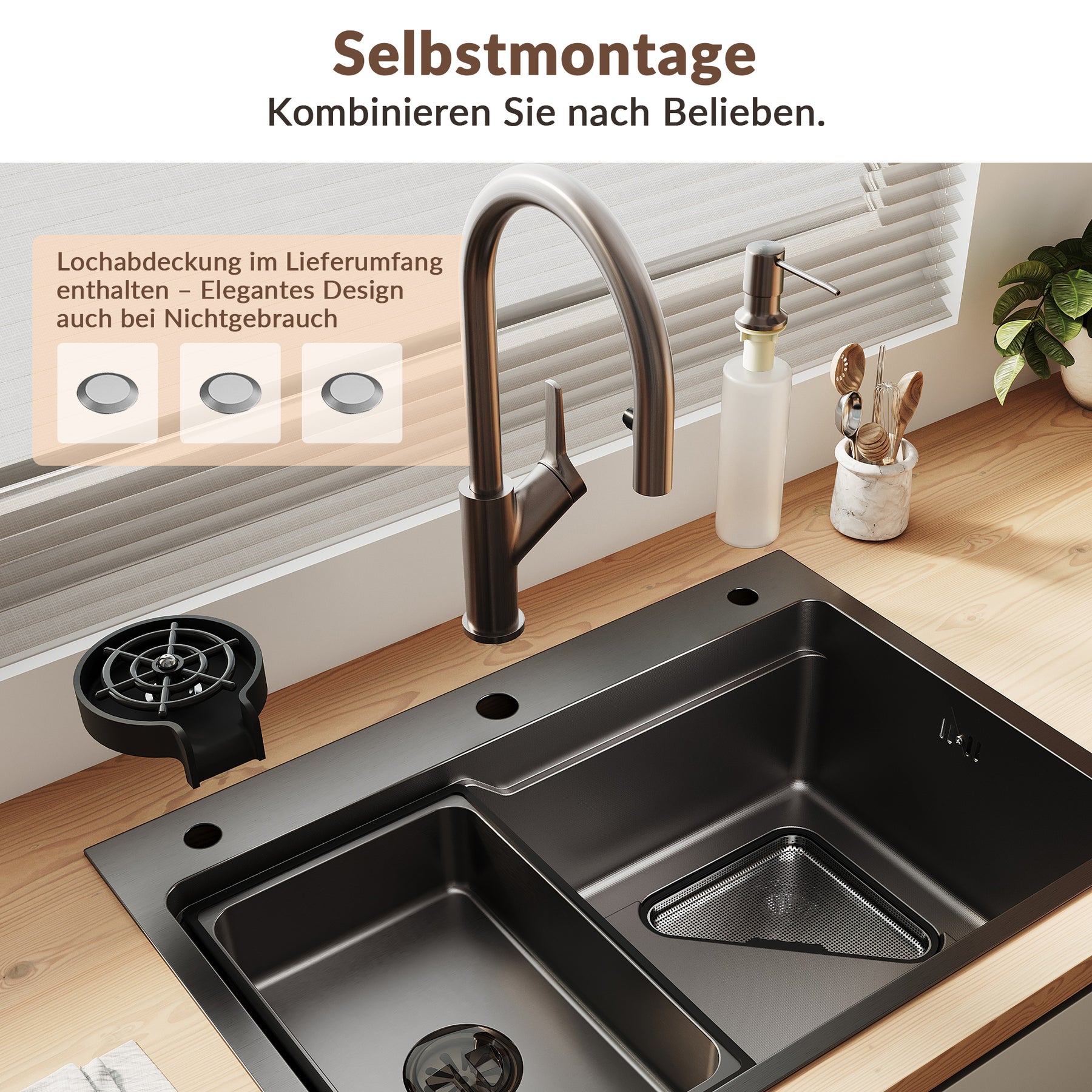 SONNI Waschbecken Küchenspüle 304 SUS Edelstahl, 70×48 cm, Einbauspüle mit 1 Becken, Unterbauspüle, mit Abtropfkorb und Dreieckigem Abfallsieb, 3-Loch Breitkante - Sonni Sanitär GmbH