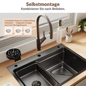 SONNI Waschbecken Küchenspüle 304 SUS Edelstahl, 70×48 cm, Einbauspüle mit 1 Becken, Unterbauspüle, mit Abtropfkorb und Dreieckigem Abfallsieb, 3-Loch Breitkante - Sonni Sanitär GmbH