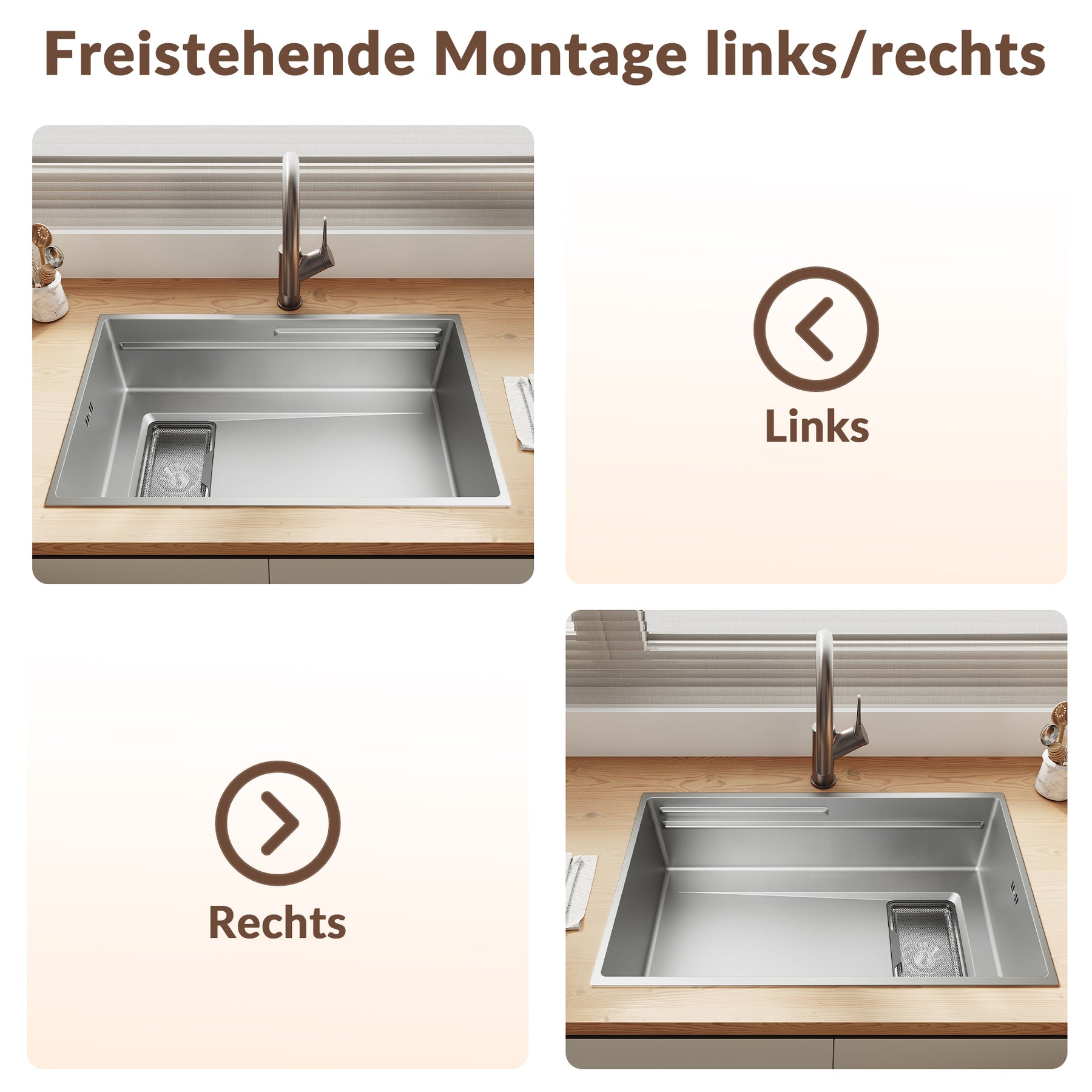 SONNI Küchenspüle Waschbecken Edelstahl 304, Nanosilber/Diamantschwarz, 70x44 cm, Einbauspüle mit 1 Becken, Unterbauspüle mit Abtropfkorb und Rechteckigem Abfallsieb - Sonni Sanitär GmbH