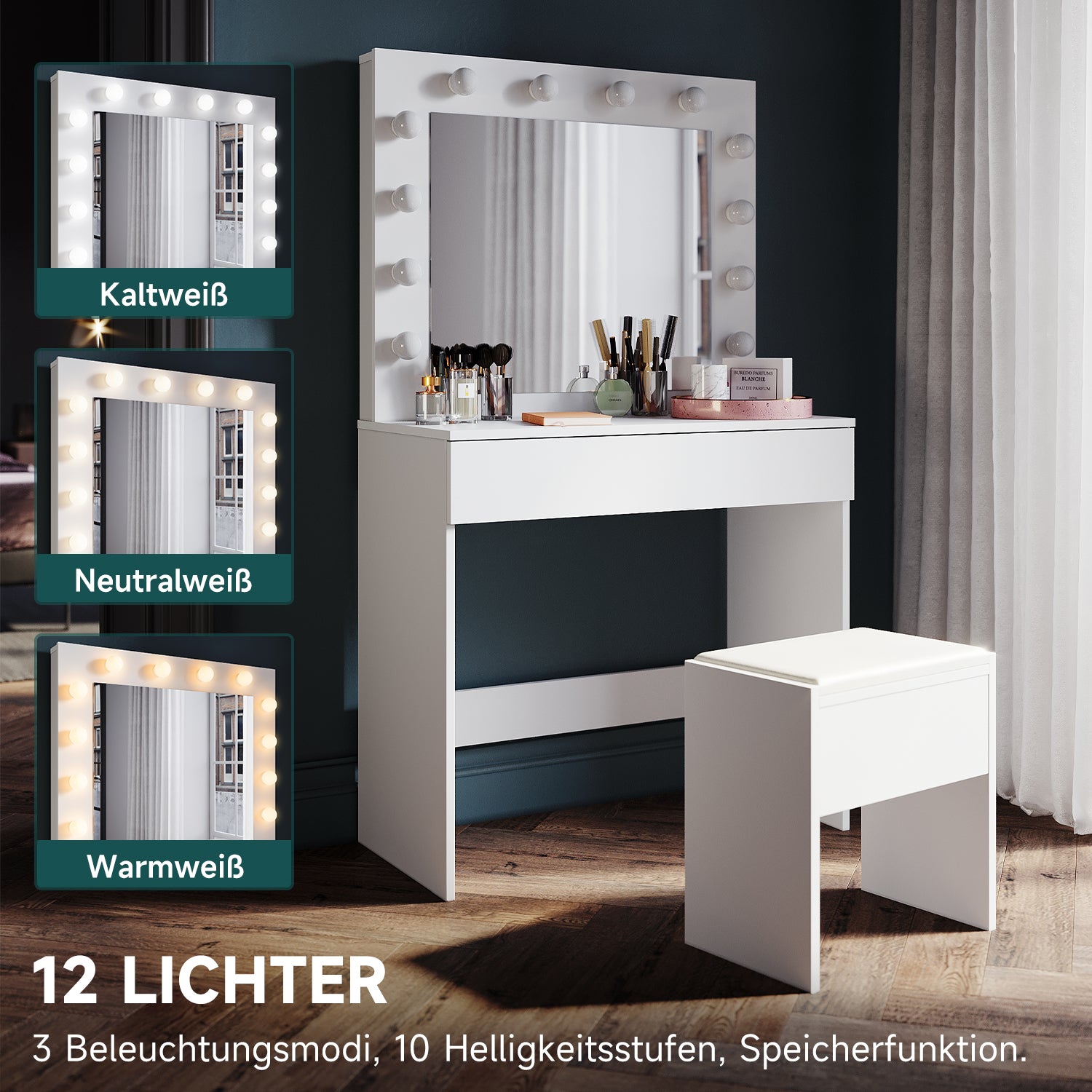 SONNI Schminktisch mit Hocker Spiegel, Kosmetiktisch mit Schubladen für Schlafzimmer, Frisiertisch Schreibtisch aus MFC und Massivholz, Kinderleichte Montage, Weiß