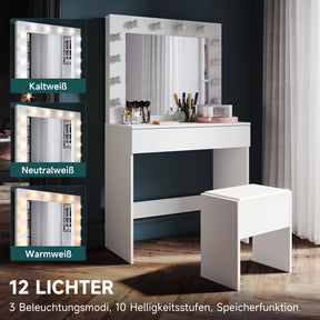 SONNI Schminktisch mit Hocker Spiegel, Kosmetiktisch mit Schubladen für Schlafzimmer, Frisiertisch Schreibtisch aus MFC und Massivholz, Kinderleichte Montage, Weiß