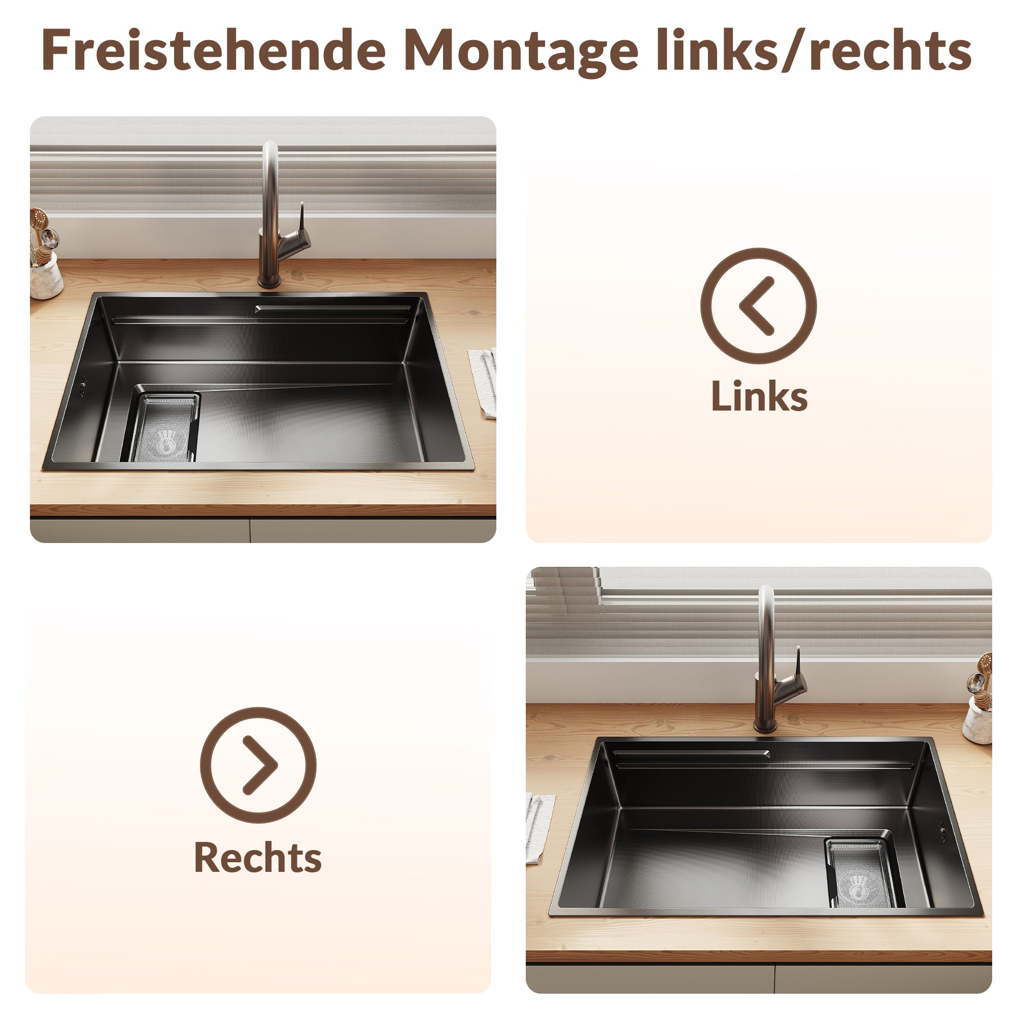 SONNI Küchenspüle Waschbecken Edelstahl 304, Nanosilber/Diamantschwarz, 70x44 cm, Einbauspüle mit 1 Becken, Unterbauspüle mit Abtropfkorb und Rechteckigem Abfallsieb - Sonni Sanitär GmbH
