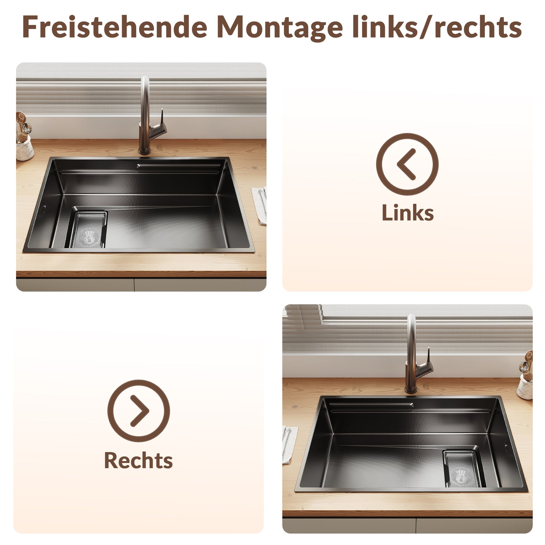 SONNI Küchenspüle Waschbecken Edelstahl 304, Nanosilber/Diamantschwarz, 70x44 cm, Einbauspüle mit 1 Becken, Unterbauspüle mit Abtropfkorb und Rechteckigem Abfallsieb - Sonni Sanitär GmbH