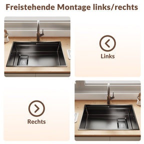 SONNI Küchenspüle Waschbecken Edelstahl 304, Nanosilber/Diamantschwarz, 70x44 cm, Einbauspüle mit 1 Becken, Unterbauspüle mit Abtropfkorb und Rechteckigem Abfallsieb - Sonni Sanitär GmbH