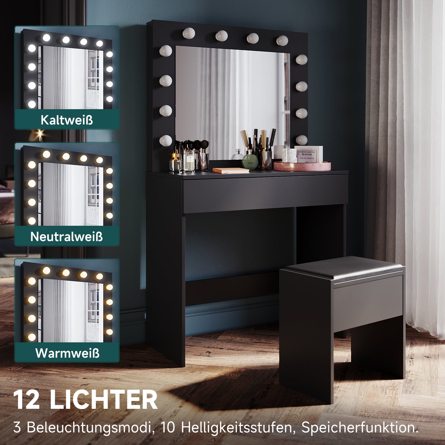 SONNI Schminktisch mit Hocker Spiegel, Kosmetiktisch mit Schubladen für Schlafzimmer, Frisiertisch Schreibtisch aus MDF und Massivholz, Kinderleichte Montage
