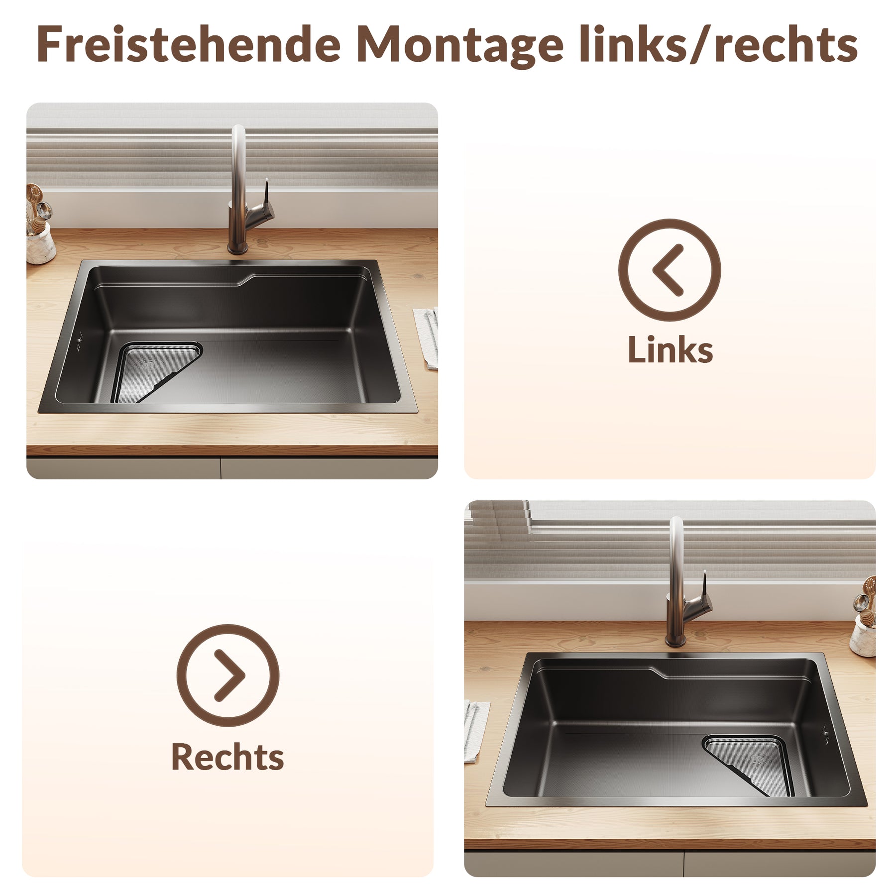 SONNI Waschbecken Küchenspüle 304 SUS Edelstahl, 70×43 cm, Einbauspüle mit 1 Becken, Unterbauspüle, mit Abtropfkorb und Dreieckigem Abfallsieb, Schmale Seite - Sonni Sanitär GmbH