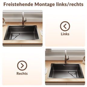 SONNI Waschbecken Küchenspüle 304 SUS Edelstahl, 70×43 cm, Einbauspüle mit 1 Becken, Unterbauspüle, mit Abtropfkorb und Dreieckigem Abfallsieb, Schmale Seite - Sonni Sanitär GmbH