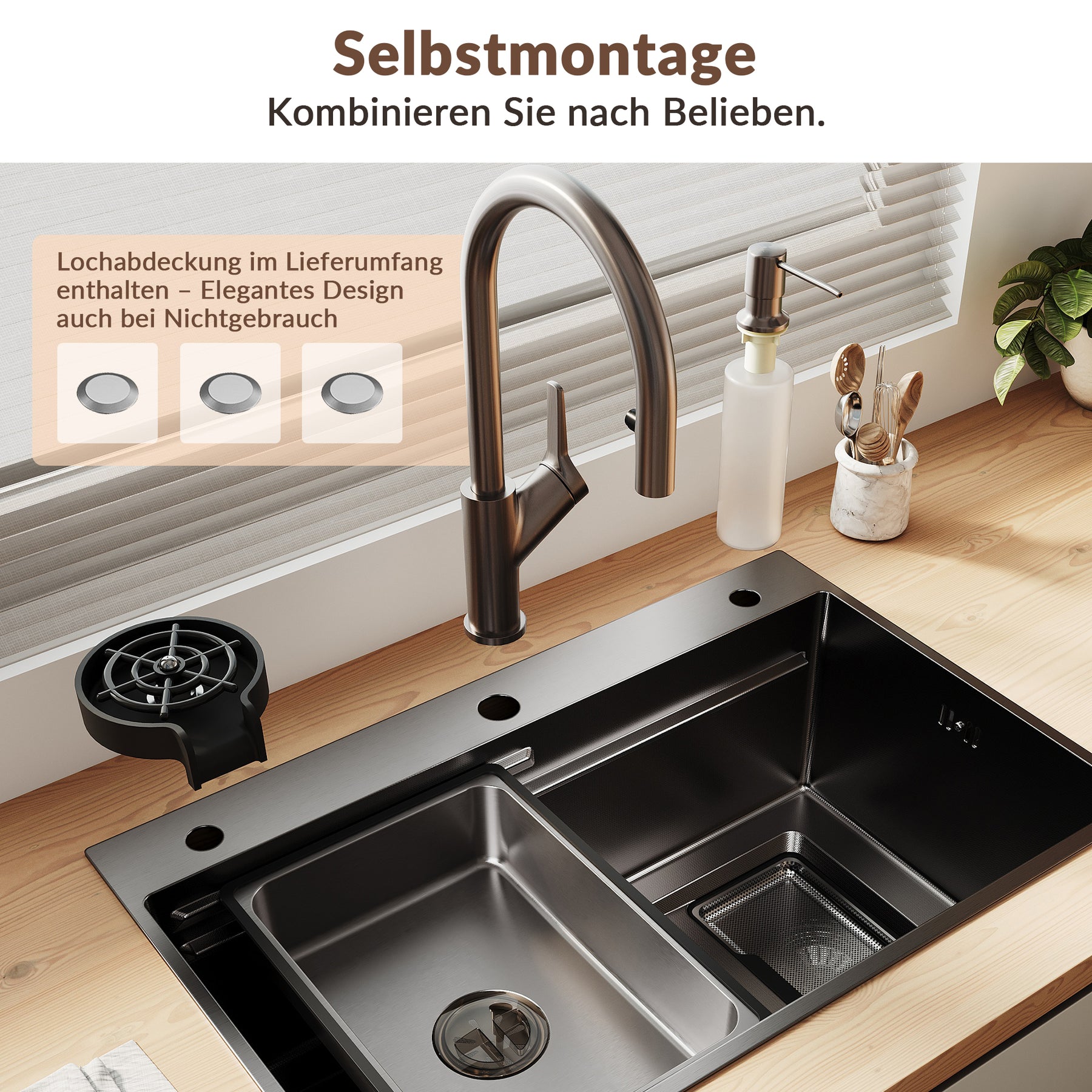 SONNI Spülbecken Küchenspüle 304 Edelstahl Waschbecken 70×45 cm, Einbauspüle mit 1 Becken, Unterbauspüle Silber, inkl. Abtropfkorb & Abflusssieb, 3-Loch Breitkante - Sonni Sanitär GmbH