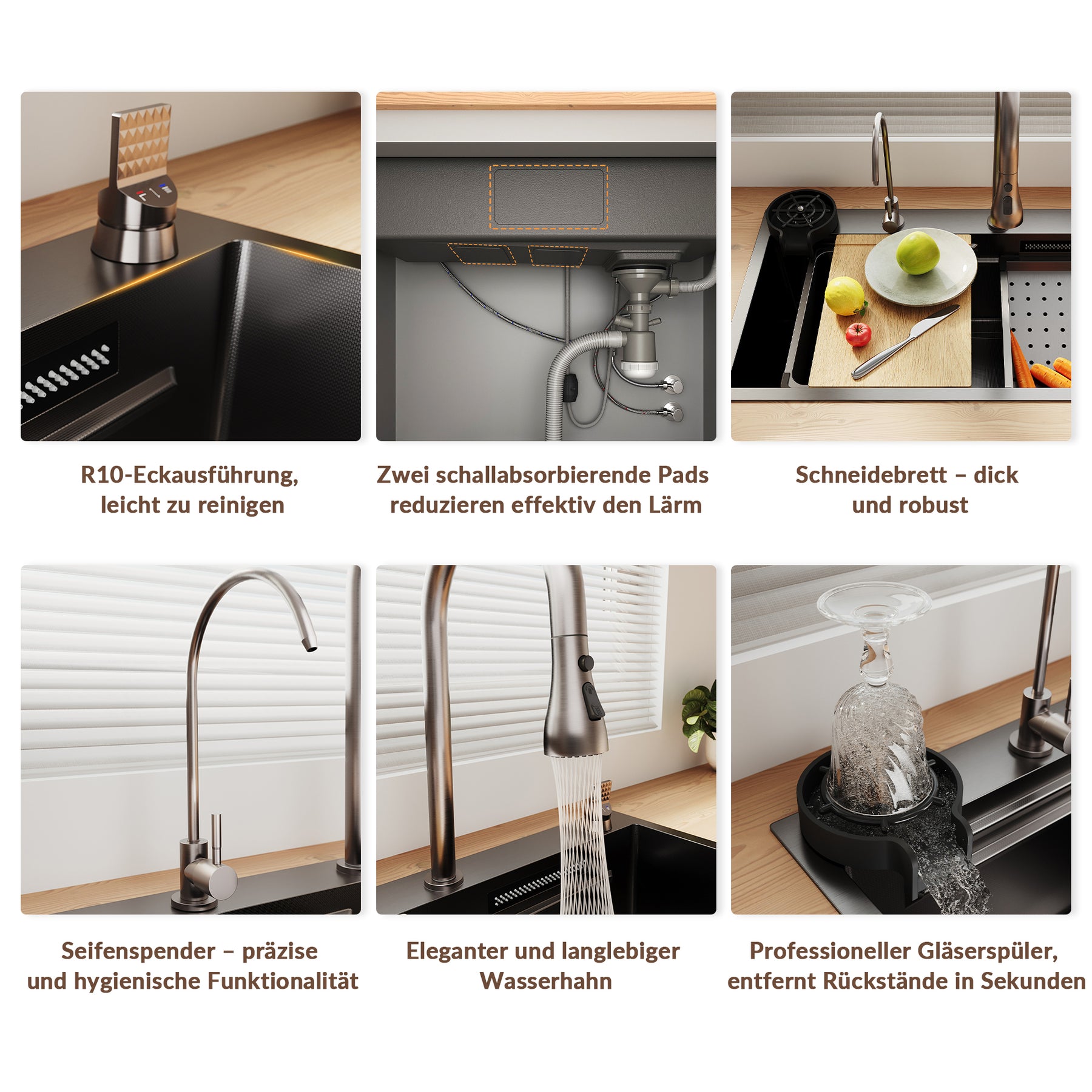 SONNI Spülbecken Einbauspüle Küchenspüle Waschbecken 304 SUS Edelstahl, Schwarz, 75/80×45×26 cm, Unterbauspüle mit 1 Becken, Abtropfkorb, Abfallsieb, Armatur, Schneidebrett, Tassenuntersetzer und Wasserfilterarmatur - Sonni Sanitär GmbH