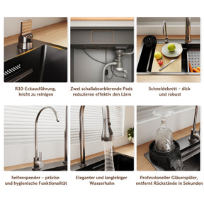 SONNI Spülbecken Einbauspüle Küchenspüle Waschbecken 304 SUS Edelstahl, Schwarz, 75/80×45×26 cm, Unterbauspüle mit 1 Becken, Abtropfkorb, Abfallsieb, Armatur, Schneidebrett, Tassenuntersetzer und Wasserfilterarmatur - Sonni Sanitär GmbH