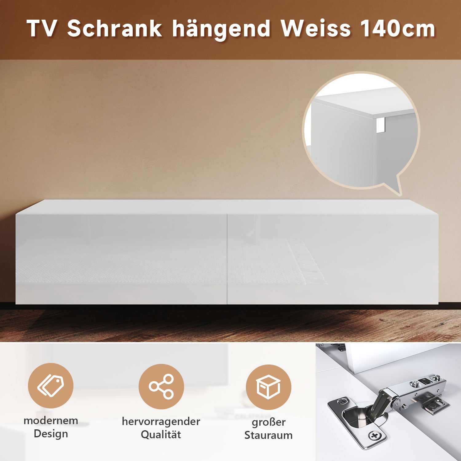 SONNI Lowboard TV Schrank weiß TV Board hängend 140x40x30cm Fernsehtisch