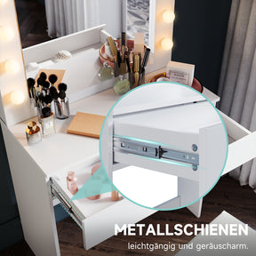 SONNI Schminktisch mit Hocker Spiegel, Kosmetiktisch mit Schubladen für Schlafzimmer, Frisiertisch Schreibtisch aus MFC und Massivholz, Kinderleichte Montage, Weiß