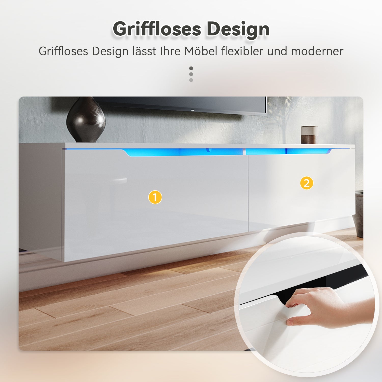 SONNI TV Board Weiss Griffloses Design TV Schrank Hochglanz mit LED Beleuchtung (12 Farben können eingestellt Werden)