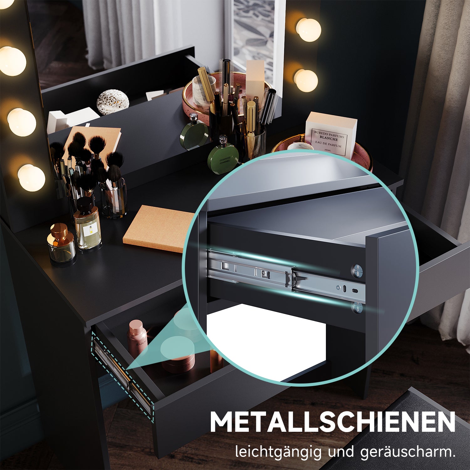 SONNI Schminktisch mit Hocker Spiegel, Kosmetiktisch mit Schubladen für Schlafzimmer, Frisiertisch Schreibtisch aus MDF und Massivholz, Kinderleichte Montage