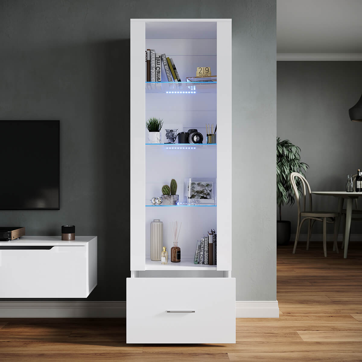 SONNI Vitrine mit LED-Beleuchtung, Glasvitrine mit Schubladen, weiß Hochglanzfront, Sammlervitrine, Vitrinenschrank - Sonni Sanitär GmbH