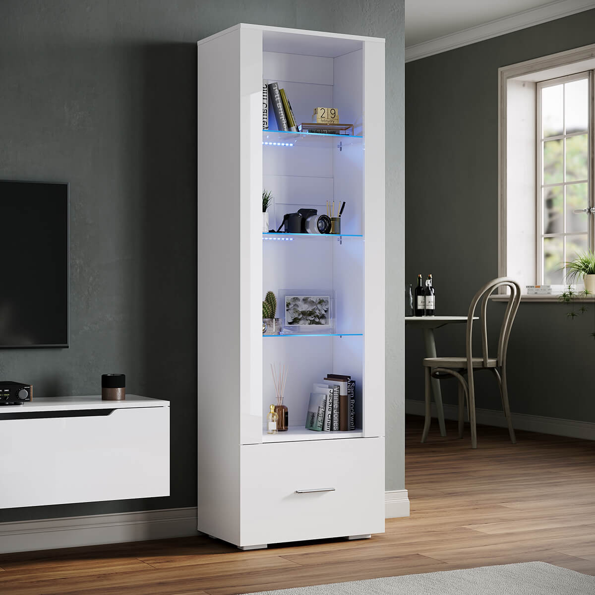 SONNI Vitrine mit LED-Beleuchtung, Glasvitrine mit Schubladen, weiß Hochglanzfront, Sammlervitrine, Vitrinenschrank - Sonni Sanitär GmbH