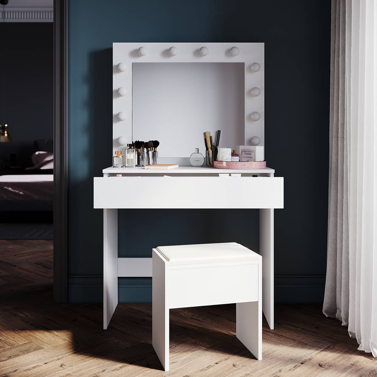 SONNI Schminktisch mit Hocker Spiegel, Kosmetiktisch mit Schubladen für Schlafzimmer, Frisiertisch Schreibtisch aus MFC und Massivholz, Kinderleichte Montage, Weiß - Sonni Sanitär GmbH