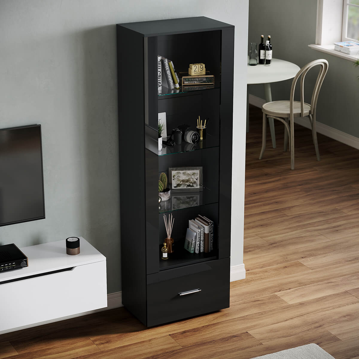 SONNI Vitrine mit LED-Beleuchtung, Glasvitrine mit Schubladen, weiß Hochglanzfront, Sammlervitrine, Vitrinenschrank - Sonni Sanitär GmbH