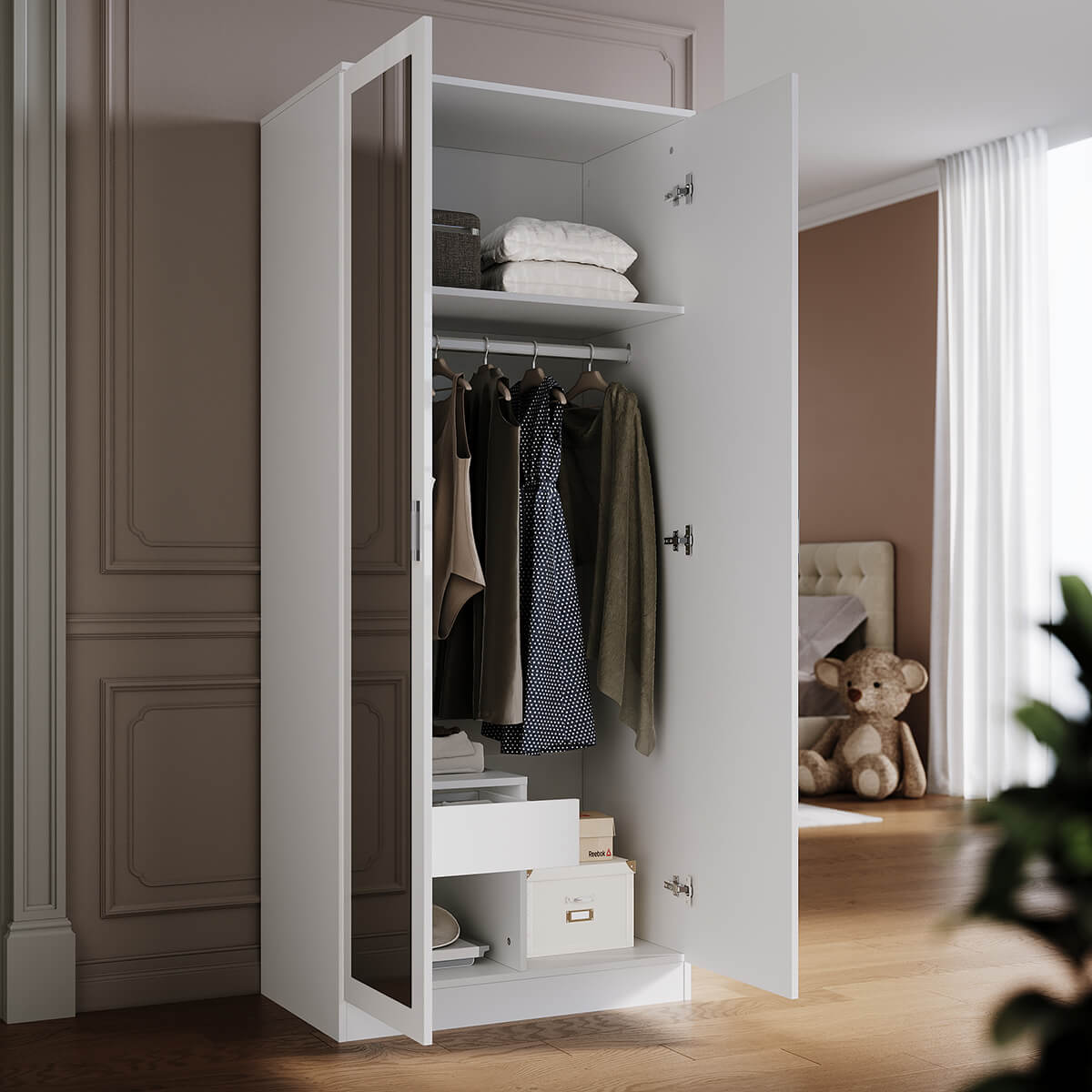 sonni modern kleiderschrank 2-türig mit viel stauraum, vielseitiger  drehtürenschrank in weiß mit spiegeltür, kleiner bis mittelgroßer  kleiderschrank