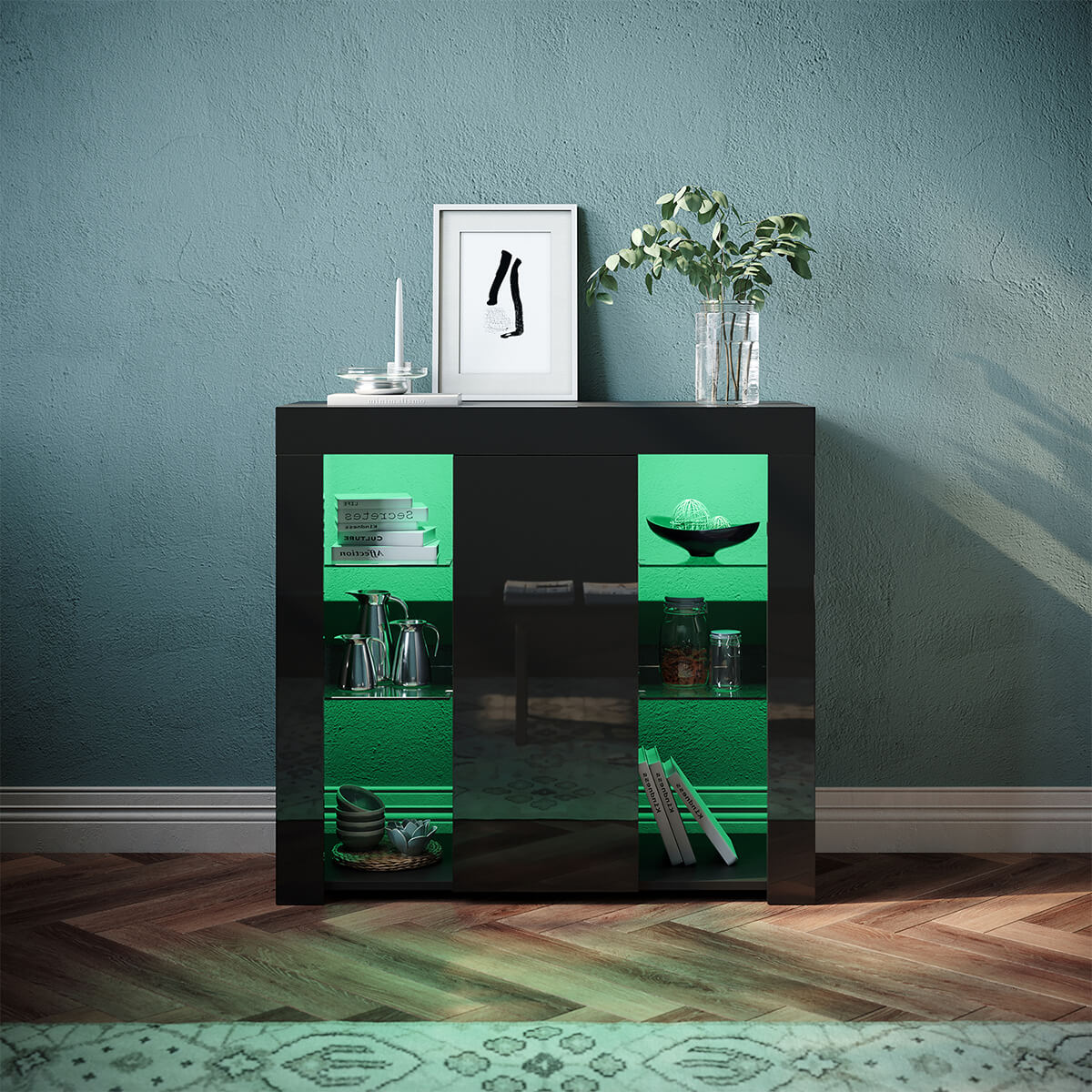 SONNI Kommode Sideboard mit LED Beleuchtung Schwarz Hochglanz Wohnzimmermöbel Wohnzimmerschrank Standschrank - Sonni Sanitär GmbH