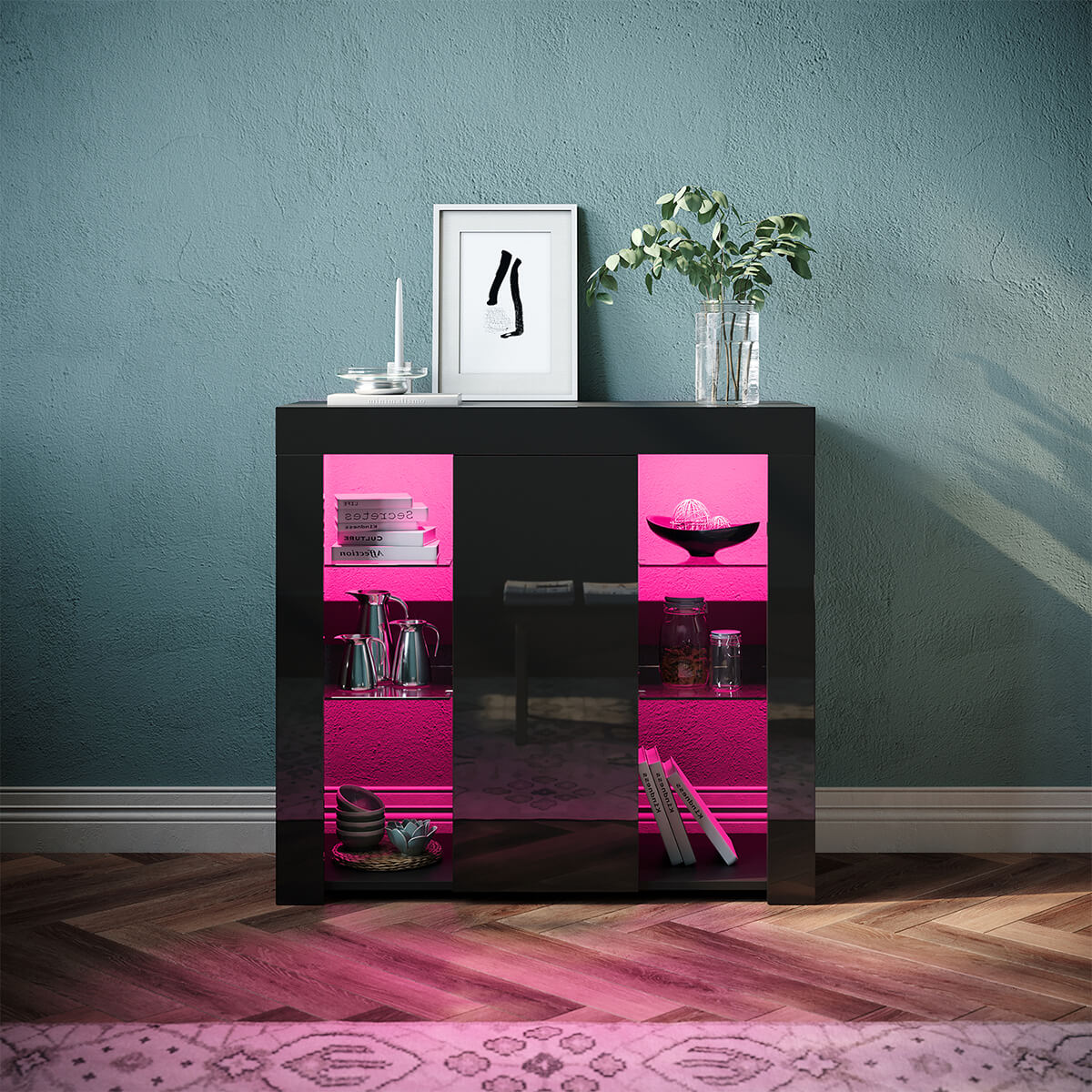 SONNI Kommode Sideboard mit LED Beleuchtung Schwarz Hochglanz Wohnzimmermöbel Wohnzimmerschrank Standschrank - Sonni Sanitär GmbH