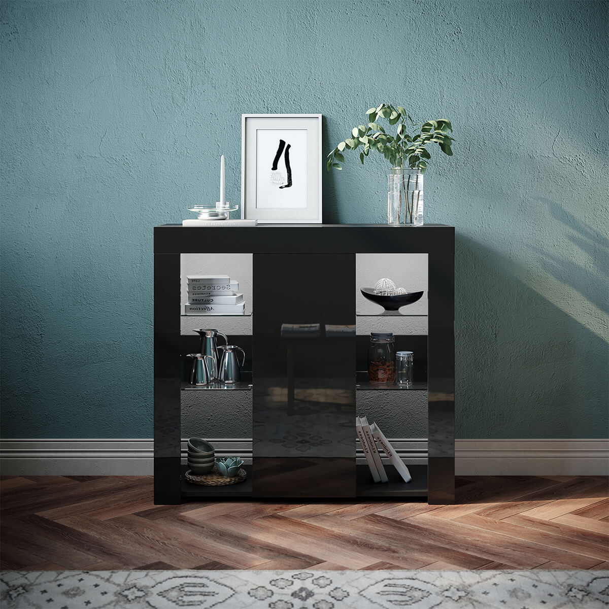 SONNI Kommode Sideboard mit LED Beleuchtung Schwarz Hochglanz Wohnzimmermöbel Wohnzimmerschrank Standschrank - Sonni Sanitär GmbH