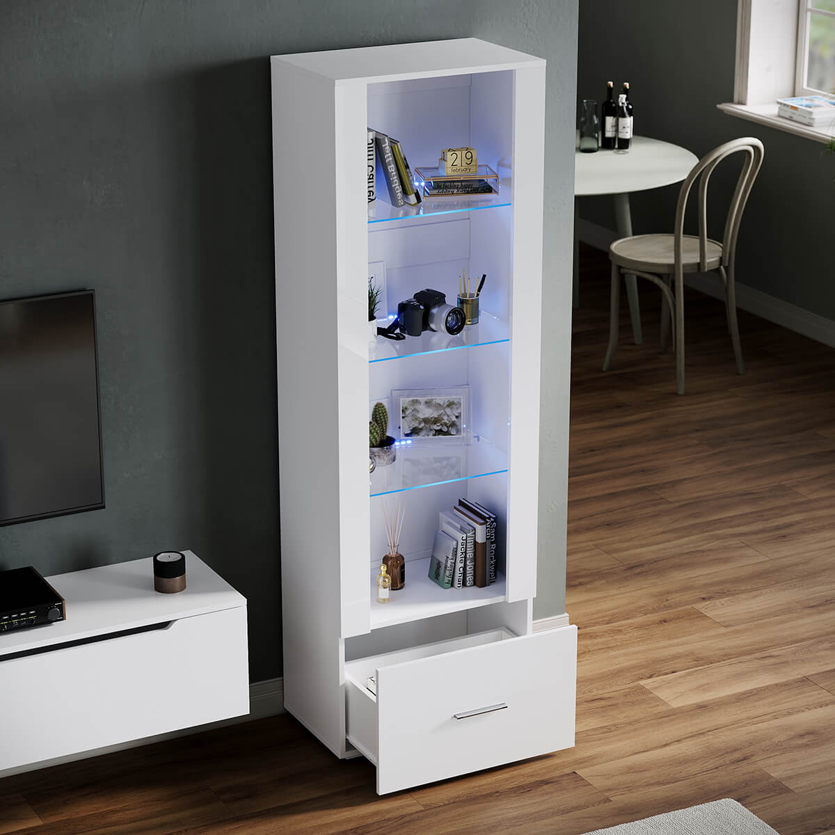 SONNI Vitrine mit LED-Beleuchtung, Glasvitrine mit Schubladen, weiß Hochglanzfront, Sammlervitrine, Vitrinenschrank - Sonni Sanitär GmbH