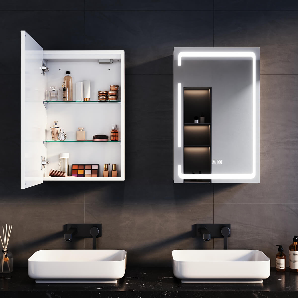 SONNI Spiegelschrank Bad mit Beleuchtung, 3 Lichtfarbe Einstellbar und Beschlagfrei LED Badezimmerschrank mit Kabelloses Scharnier Design Medizinschrank - Sonni Sanitär GmbH