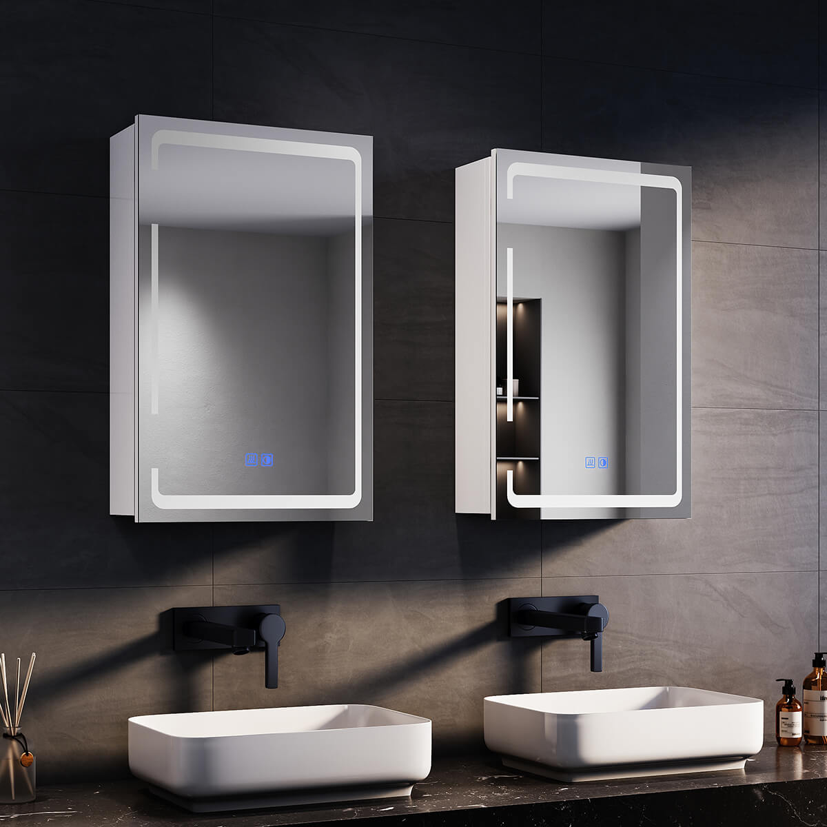 SONNI Spiegelschrank Bad mit Beleuchtung, 3 Lichtfarbe Einstellbar und Beschlagfrei LED Badezimmerschrank mit Kabelloses Scharnier Design Medizinschrank - Sonni Sanitär GmbH