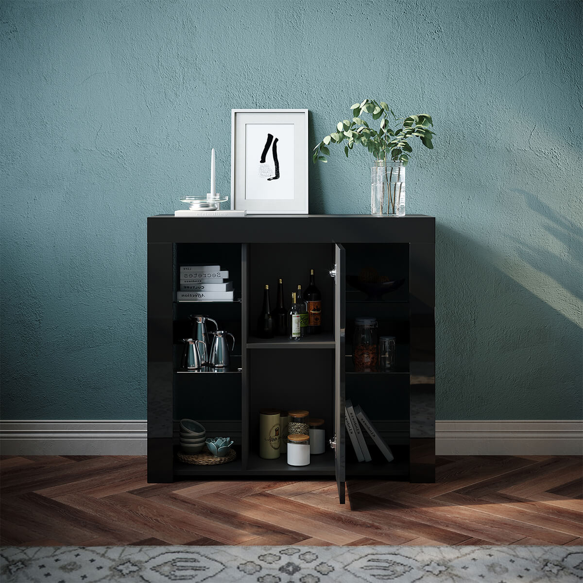 SONNI Kommode Sideboard mit LED Beleuchtung Schwarz Hochglanz Wohnzimmermöbel Wohnzimmerschrank Standschrank - Sonni Sanitär GmbH