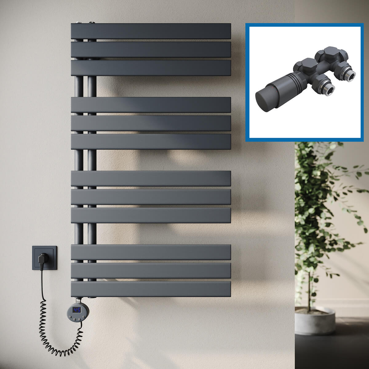 SONNI Badheizkörper Elektrisch mit Thermostat Anthrazit, Panel Handtuchhalter Elektrisch Flach Handtuchtrokner Handtuchheizkörper mit Heizstab Ohne/mit Mutiblock - Sonni Sanitär GmbH