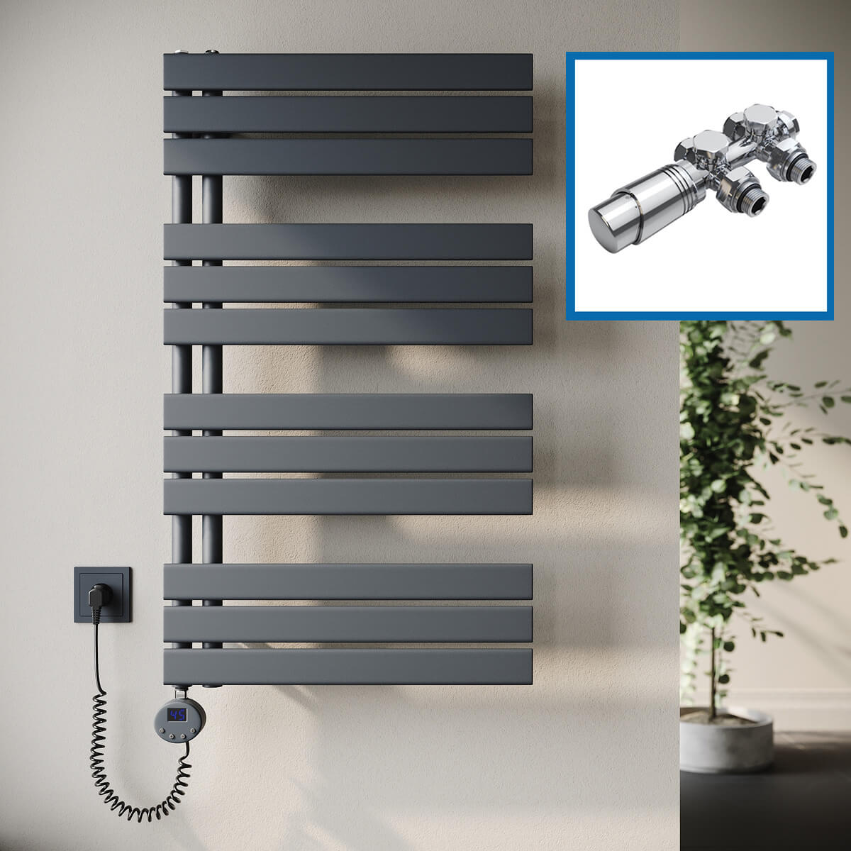 SONNI Badheizkörper Elektrisch mit Thermostat Anthrazit, Panel Handtuchhalter Elektrisch Flach Handtuchtrokner Handtuchheizkörper mit Heizstab Ohne/mit Mutiblock - Sonni Sanitär GmbH