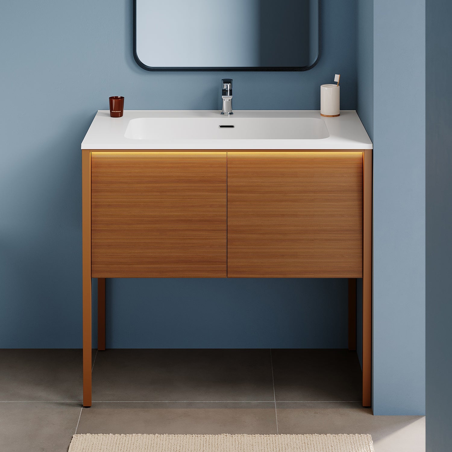 SONNI Badmöbel Set mit Waschbecken, Quarz Kunststein Waschbecken LED Sensorbeleuchtung Push Open Türen 89,4 x 49,5 x 81 cm