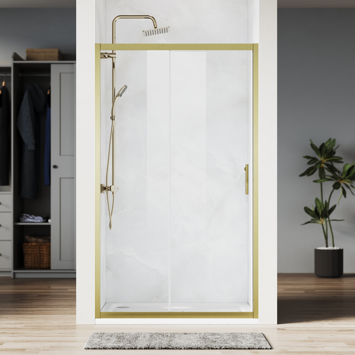 SONNI Duschtür Schiebetür Duschabtrennung Gebürstetes Gold Aluminiumrahmen ESG Glas 100–120 cm Höhe 185 cm - Sonni Sanitär GmbH