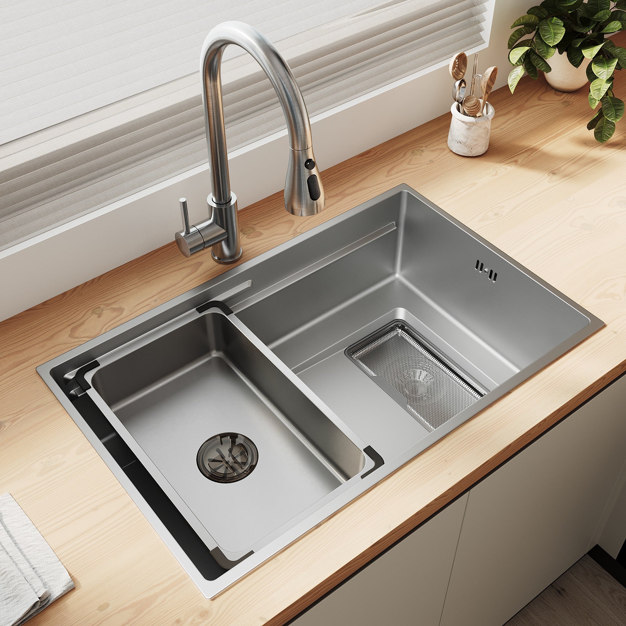 SONNI Küchenspüle Waschbecken Edelstahl 304, Nanosilber/Diamantschwarz, 70x44 cm, Einbauspüle mit 1 Becken,Wasserhahn,Unterbauspüle mit Abtropfkorb und Rechteckigem Abfallsieb