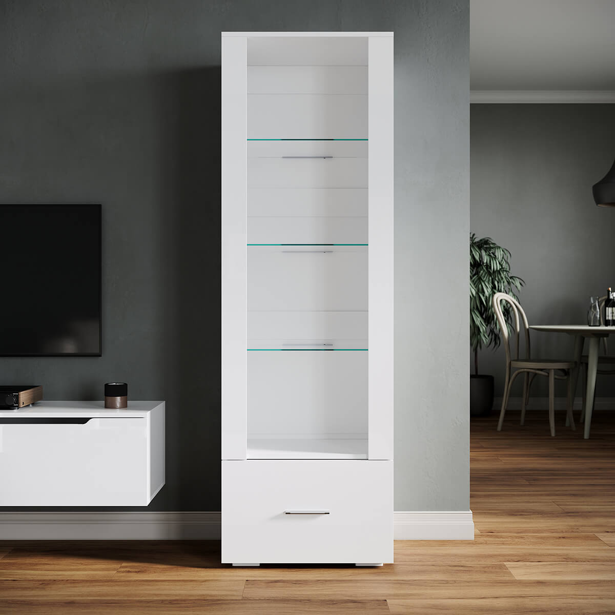SONNI Vitrine mit LED-Beleuchtung, Glasvitrine mit Schubladen, weiß Hochglanzfront, Sammlervitrine, Vitrinenschrank - Sonni Sanitär GmbH