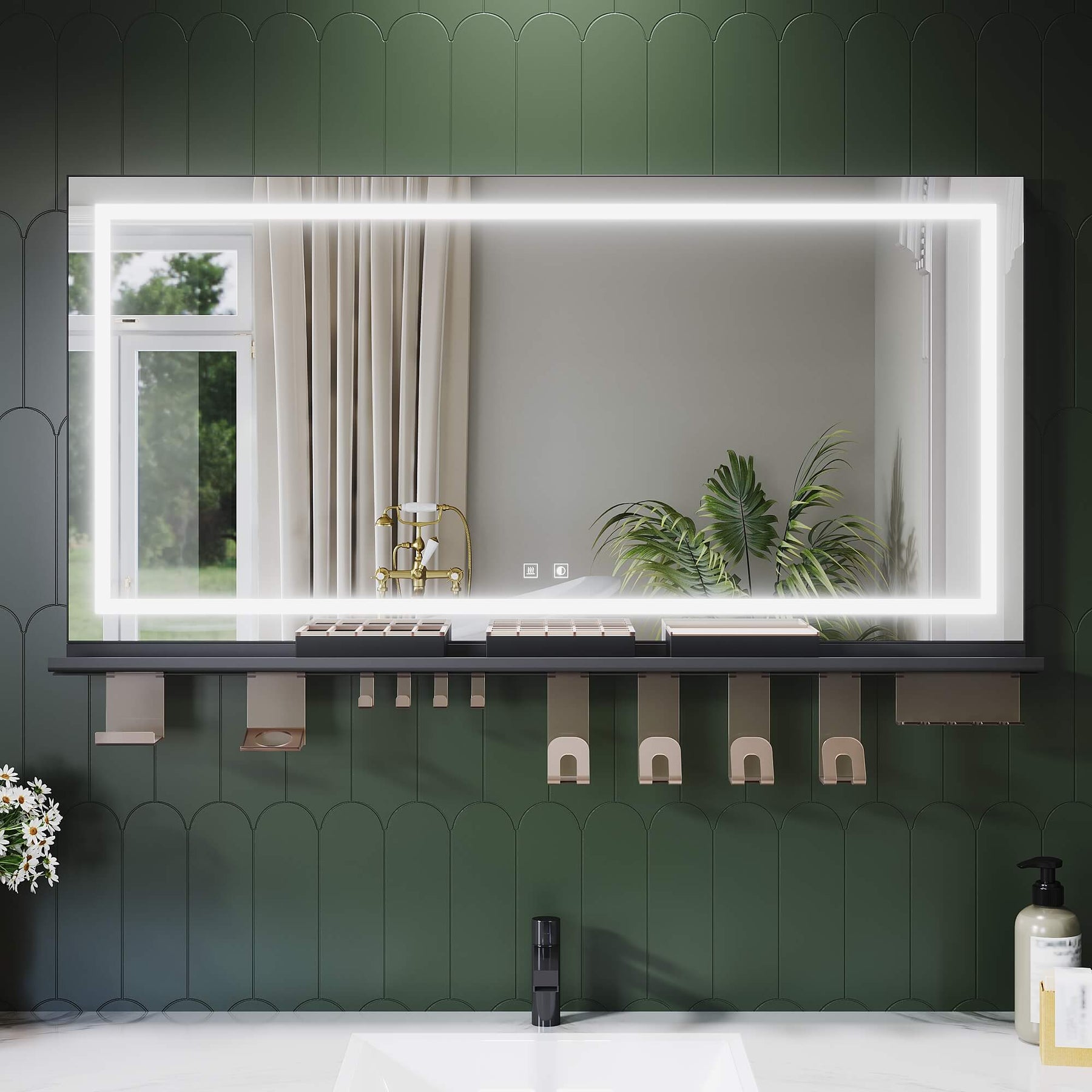 SONNI LED Badspiegel 120x60cm + Ablage, Touch Spiegel mit Beleuchtung, 3 Lichtfarben, Anti-Beschlag & Memory, Ablage mit Handyhalter + Haken + Zahnbürstenhalter + Becherhalter