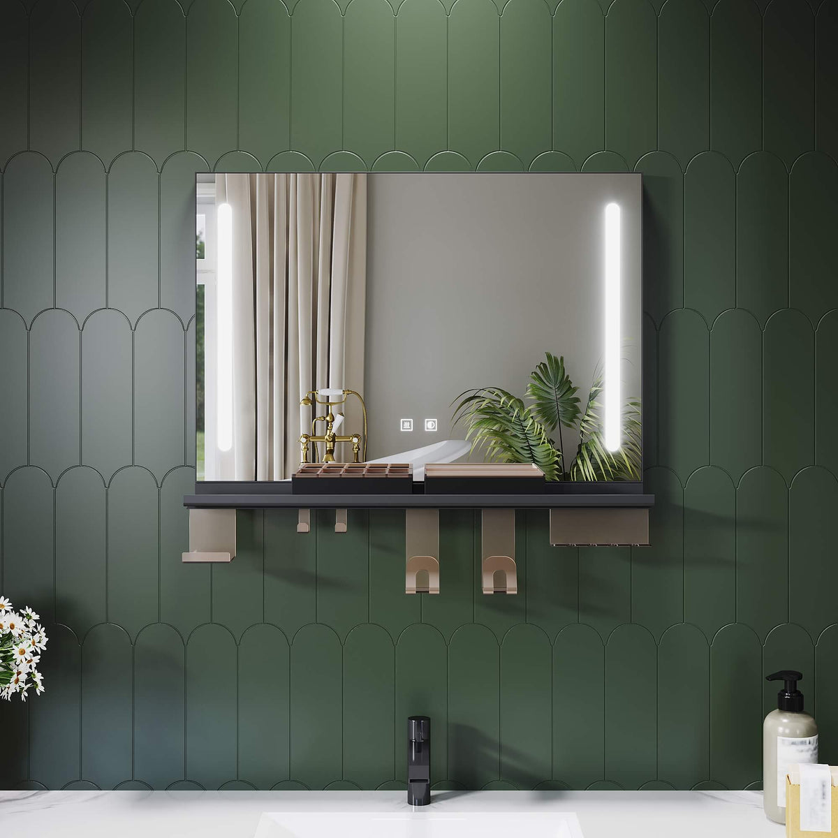 SONNI LED Badspiegel 70x50cm mit Ablage, Touch Badezimmerspiegel 3 Lichtfarben, Anti-Beschlag & Gedächtnisfunktion, Ablage mit Handyhalter + Haken + Zahnbürstenhalter