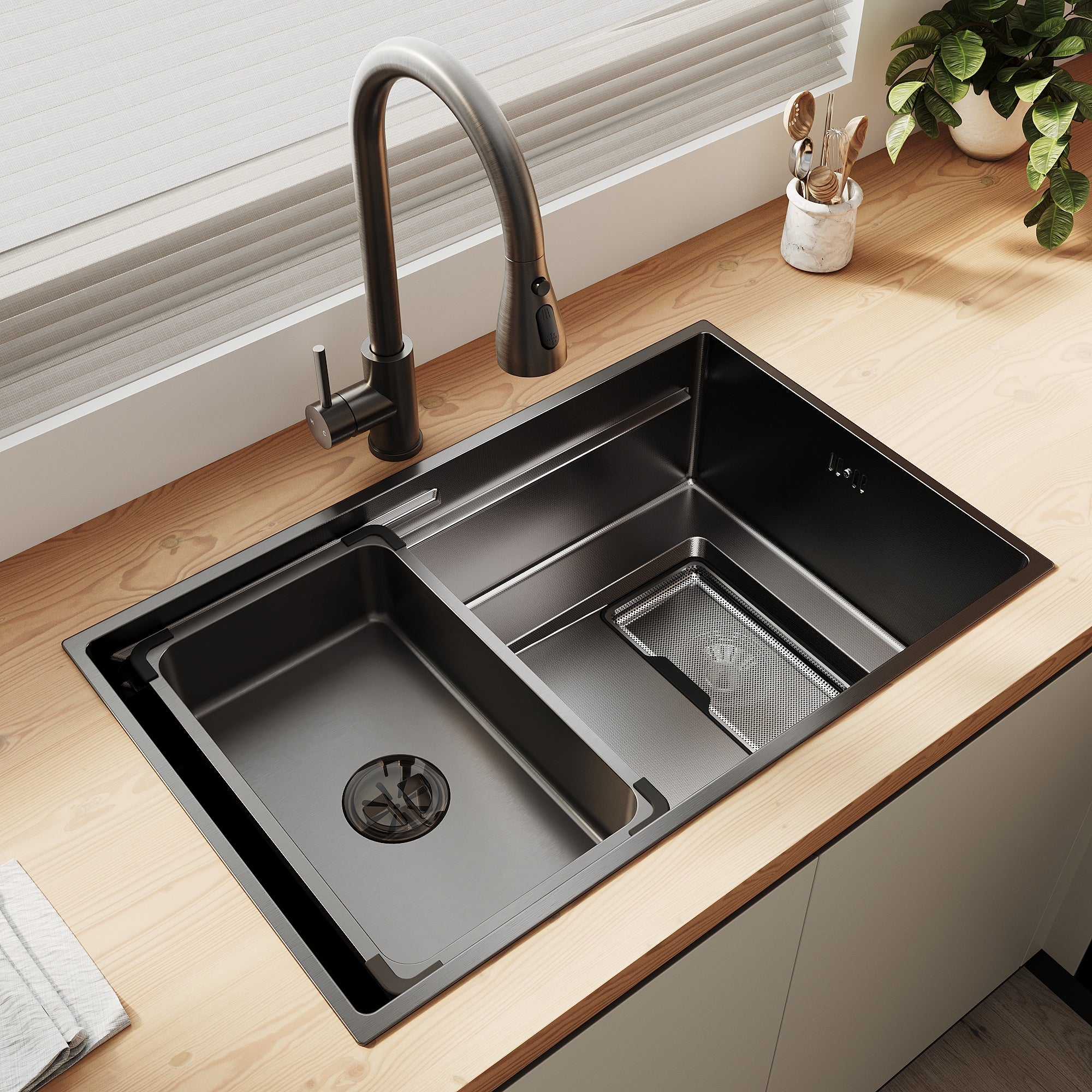 SONNI Küchenspüle Waschbecken Edelstahl 304, Nanosilber/Diamantschwarz, 70x44 cm, Einbauspüle mit 1 Becken,Wasserhahn,Unterbauspüle mit Abtropfkorb und Rechteckigem Abfallsieb