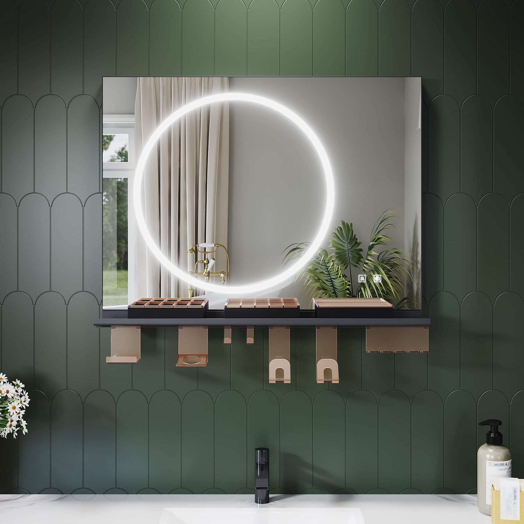 SONNI Badezimmerspiegel mit Beleuchtung 80x60 cm, LED Badspiegel mit Ablage , 3 einstellbare Lichtfarbe + Anti-Beschlag + Touchschalter, Ablage mit Handyhalter + Haken + Zahnbürstenhalter