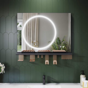 SONNI Badezimmerspiegel mit Beleuchtung 80x60 cm, LED Badspiegel mit Ablage , 3 einstellbare Lichtfarbe + Anti-Beschlag + Touchschalter, Ablage mit Handyhalter + Haken + Zahnbürstenhalter