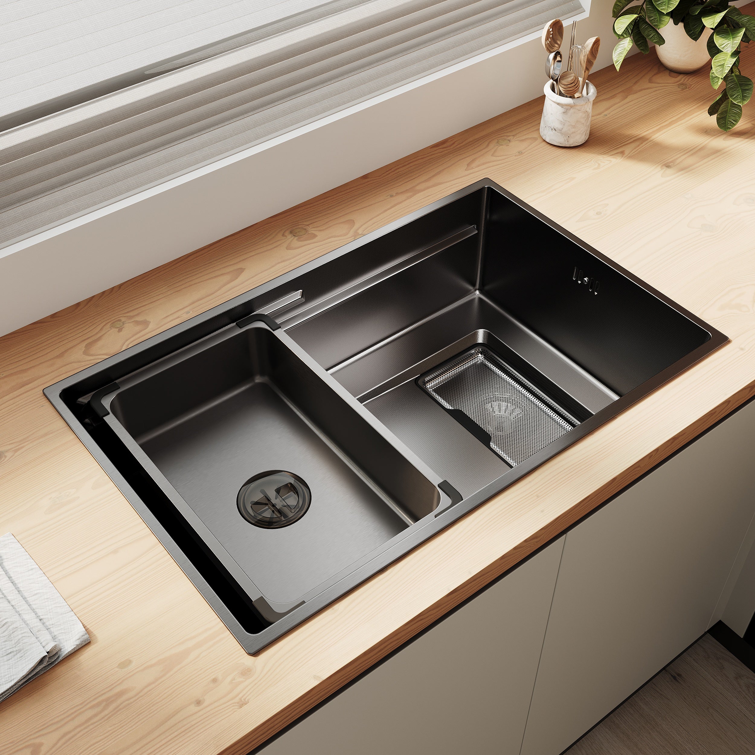 SONNI Küchenspüle Waschbecken Edelstahl 304, Nanosilber/Diamantschwarz, 70x44 cm, Einbauspüle mit 1 Becken, Unterbauspüle mit Abtropfkorb und Rechteckigem Abfallsieb - Sonni Sanitär GmbH