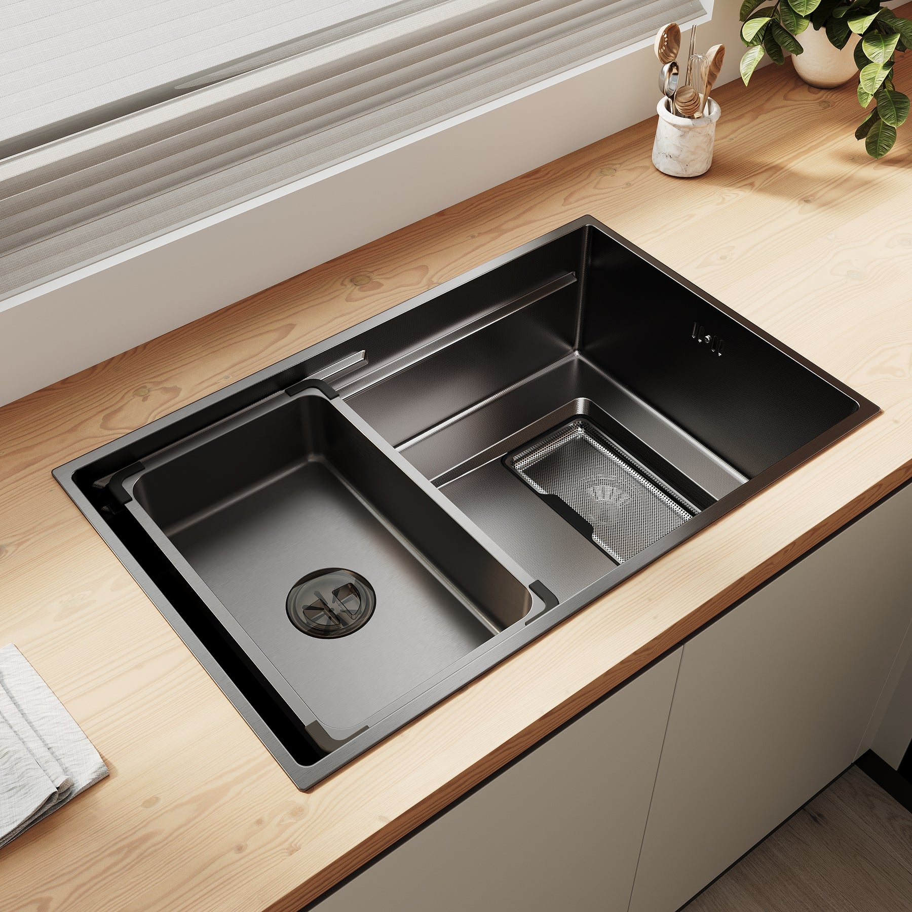 SONNI Küchenspüle Waschbecken Edelstahl 304, Nanosilber/Diamantschwarz, 70x44 cm, Einbauspüle mit 1 Becken, Unterbauspüle mit Abtropfkorb und Rechteckigem Abfallsieb - Sonni Sanitär GmbH