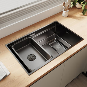 SONNI Küchenspüle Waschbecken Edelstahl 304, Nanosilber/Diamantschwarz, 70x44 cm, Einbauspüle mit 1 Becken, Unterbauspüle mit Abtropfkorb und Rechteckigem Abfallsieb - Sonni Sanitär GmbH