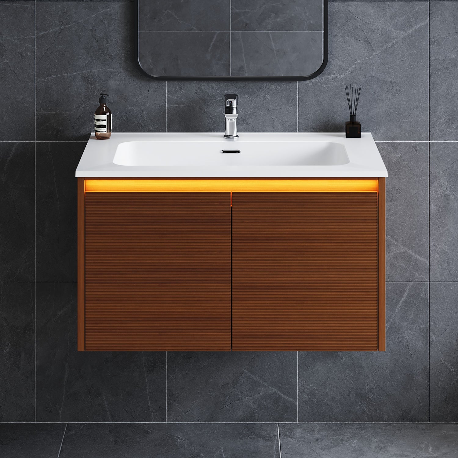SONNI Waschtisch Badmöbel Set mit Quarz Kunststein Waschbecken, LED Sensorbeleuchtung Push Open Türen 79 x 49,5 x 45 cm
